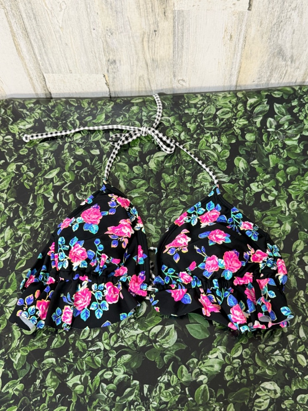 String Floral Ruffle Halter Bikini Top - Black with Pink Flowers